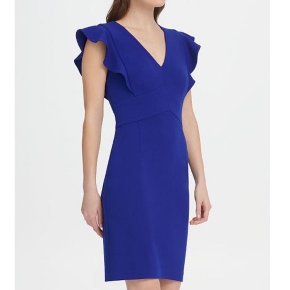 DKNY SHEATH DRESS WITH RUFFLE CAP SLEEVE - 4